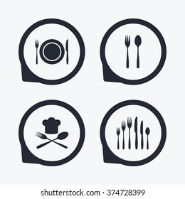 Plate dish with forks and knifes icons. Chief hat sign. Crosswise cutlery symbol. Dessert fork. Flat icon pointers.