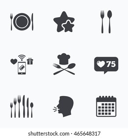 Plate dish with forks and knifes icons. Chief hat sign. Crosswise cutlery symbol. Dessert fork. Flat talking head, calendar icons. Stars, like counter icons. Vector