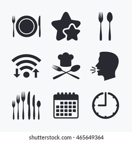 Plate dish with forks and knifes icons. Chief hat sign. Crosswise cutlery symbol. Dessert fork. Wifi internet, favorite stars, calendar and clock. Talking head. Vector