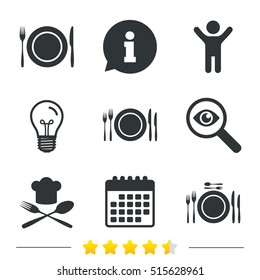 Plate dish with forks and knifes icons. Chief hat sign. Crosswise cutlery symbol. Dining etiquette. Information, light bulb and calendar. Investigate magnifier. Vector