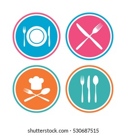 Plate dish with forks and knifes icons. Chief hat sign. Crosswise cutlery symbol. Dining etiquette. Colored circle buttons. Vector