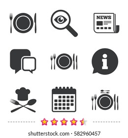 Plate dish with forks and knifes icons. Chief hat sign. Crosswise cutlery symbol. Dining etiquette. Newspaper, information and calendar icons. Investigate magnifier, chat symbol. Vector