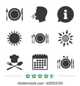 Plate dish with forks and knifes icons. Chief hat sign. Crosswise cutlery symbol. Dining etiquette. Information, go to web and calendar icons. Sun and loud speak symbol. Vector