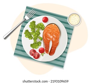 Platos, salmón frito, trucha con brócoli, tomates cereza. Cena mediterránea, popular almuerzo saludable. Menú tradicional sabroso servido servida servilleta, tenedor. Vector plano aislado