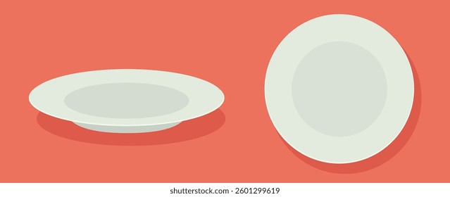 Plate dish icon isolated top view and 3d side flat cartoon graphic illustration set, kitchen dishware blank empty simple minimal cut out image clip art 