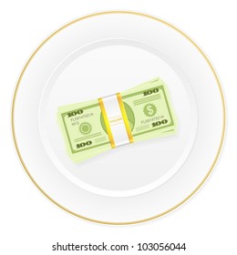 Plate with dollar pack on a white background.
