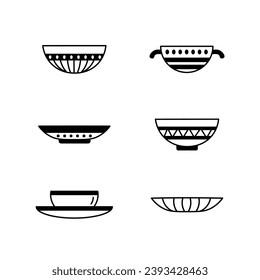 Plate doodle Symbol Set. Dekorative leere Gerichte mit Linienverzierungen. Schwarzes Umrisssymbol für Restaurant, Lieferung, Café. Food, Vektorgrafik.