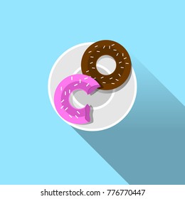 Plate With Doughnut Top View Icon On Blue Background Flat Vector Illustration