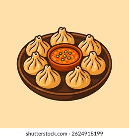 A plate of dumplings with a sauce bowl is presented in a cartoon style, suitable for culinary illustrations or food-related content.