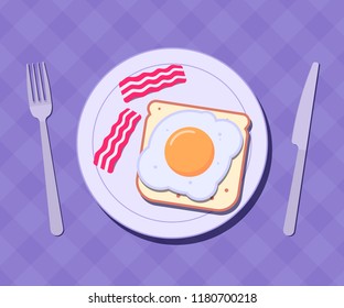 Plate with egg and bacon on a table. Breakfast concept. Vector illustration
