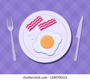 Plate with egg and bacon on a table. Breakfast concept. Vector illustration