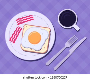 Plate with egg and bacon on a table. Breakfast concept. Vector illustration