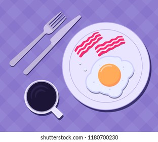 Plate with egg and bacon on a table. Breakfast concept. Vector illustration