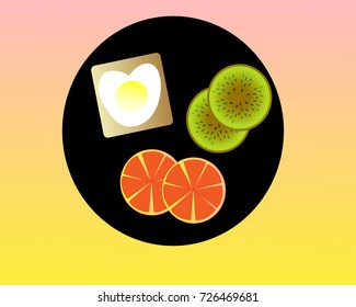 Plate with egg omelette and fruit salad of kiwi and orange. Healthy lifestyle mindful eating for healthy heart and brain concept illustration vector.
