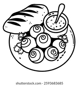 A plate of escargot with butter Hand drawn line art Paris Illustration