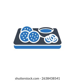 A plate with falafel and dipping sauce icon.