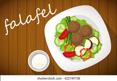 Plate of falafel on wooden table. Top view.