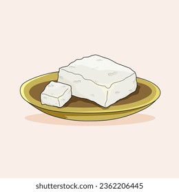 Plate of feta cheese. Vector illustration