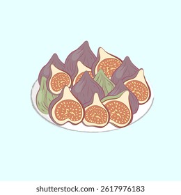 Plate with figs and its slices. For health packaging and content design. For organic juice labels, snack wrappers, tea and organic food boxes, summer detox blog posts, smoothie tutorials. Vector.