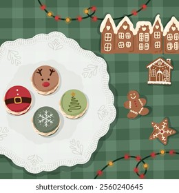 A plate filled with Christmas cookies, surrounded by lights. Ginger cookies and funny Christmas macaroons. 