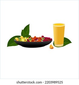 A plate filled with fruit, avocado mango dragon fruit and a glass of lemon juice. Vegetarian menu. Illustration vector design