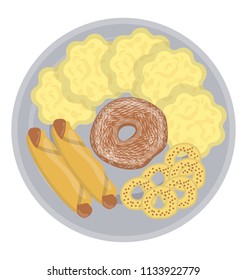 
A plate filled with numerous items of sumptuous food offering supper icon 
