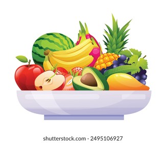 Plate filled with various fruits including watermelon, bananas, apples, avocados, and more. Vector cartoon illustration