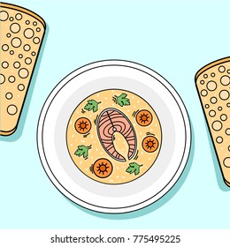 Plate with fish, carrot and greens soup hand drawn
