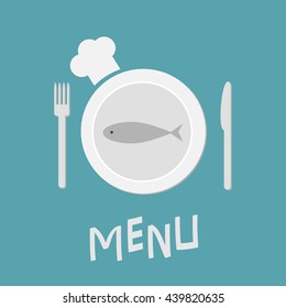 Plate with fish, fork, knife and chefs hat.  Restaurant food dish. Menu card. Flat material design style. Blue background.  Vector illustration.