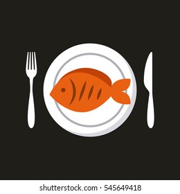 plate with fish over black background. colorful design. vector illustration