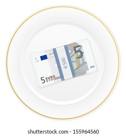 Plate with five euro pack on a white background.