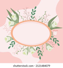 Plate with flowers and plants. Pink background. Nature. Flat style. Place for recording. Stock Vector Illustration.