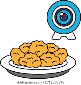Un plato de comida con una cámara en el fondo. La escena es casual y relajada