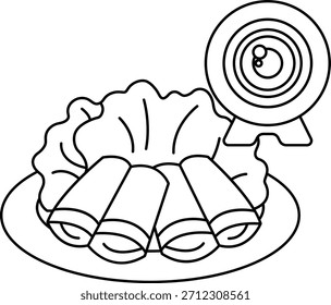 A plate of food with a camera in the background. The camera is a webcam. The plate of food is a mix of different types of food, including a salad