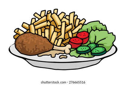 plate of food, chicken and chips vector illustration