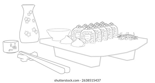 A plate of food with chopsticks and a small bowl of sauce. The plate is on a table with a vase in the background