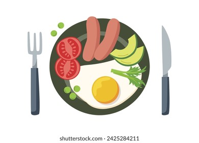 Plate with food in flat style isolated on white background. Food concept. Menu concept. Healthy eating concept. Breakfast.