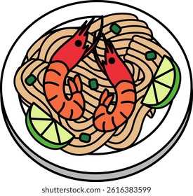 A plate of food with shrimp and lime on it. The shrimp are red and the lime is green