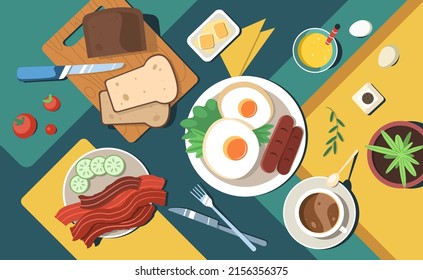 Plate with food top view, flat table with meal. Traditional full english breakfast with fried eggs, sausages, bacon, tomatoes, toasts and drinks. American brunch with meat, bread, orange juice, coffee