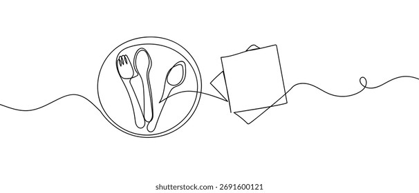 Placa e garfo, linha contínua sobre fundo transparente. Ilustração de vetor de design de uma linha 