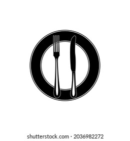 The plate, fork and knife in the black-and-white image finished eating on a white background. A vector image.