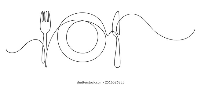 Plato con tenedor y cuchillo. Dibujo de línea continua. Doodle de frontera de marco de comida.  