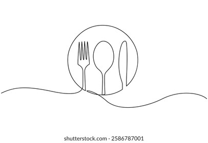 Plate with fork and knife. Continuous line drawing. Food frame border doodle, Minimalist continuous one line drawing of plate with fork, spoon and knife. Restaurant concept line icon.