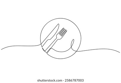 Plate with fork and knife. Continuous line drawing. Food frame border doodle, Minimalist continuous one line drawing of plate with fork, spoon and knife. Restaurant concept line icon.