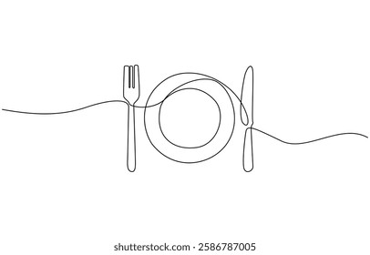 Plate with fork and knife. Continuous line drawing. Food frame border doodle, Minimalist continuous one line drawing of plate with fork, spoon and knife. Restaurant concept line icon.