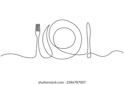 Plate with fork and knife. Continuous line drawing. Food frame border doodle, Minimalist continuous one line drawing of plate with fork, spoon and knife. Restaurant concept line icon.