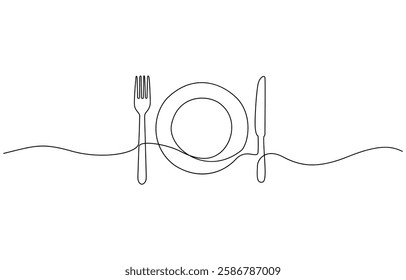 Plate with fork and knife. Continuous line drawing. Food frame border doodle, Minimalist continuous one line drawing of plate with fork, spoon and knife. Restaurant concept line icon.