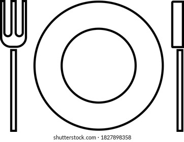Plate fork and knife contour isolated on white background. Vector black and white illustration. Great for labels, menus, posters, banners, vouchers, coupons, business promotion and more.