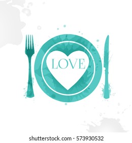 Plate, Fork And Knife. Cooked With Love. Blue Watercolor Vector