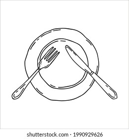 Plate with fork and knife. Cultery. Table settings. Simple food icon in hand drawn style isolated on white background. Vector Illustration. 